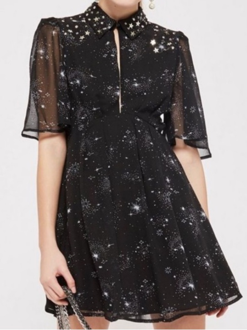 Topshop Black ✨ Celestial Star-Print bell Sleeve Fit & Flare Dress